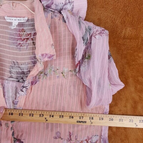 CHELSEA AND WALKER Top Womens Size 6 Pink Button Up Sheer Floral Silk Blend - Picture 5 of 7